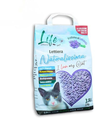 LifeGreen Natürlichste Katzenstreu 2 kg Lavendel, mit Erbsenfaser und Maisstärke, pflanzlich, biologisch abbaubar, verklumpend 3,8 L, beseitigt Gerüche