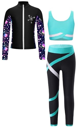 Miaeowve Enfant Fille Ensemble Sport 3 Pièce Survêtement Veste Débardeur Legging Gym Tenue Gymnastique Patinage Artistique Danse Entraînement 5-16 Ans Bleu vert 13-14 ans