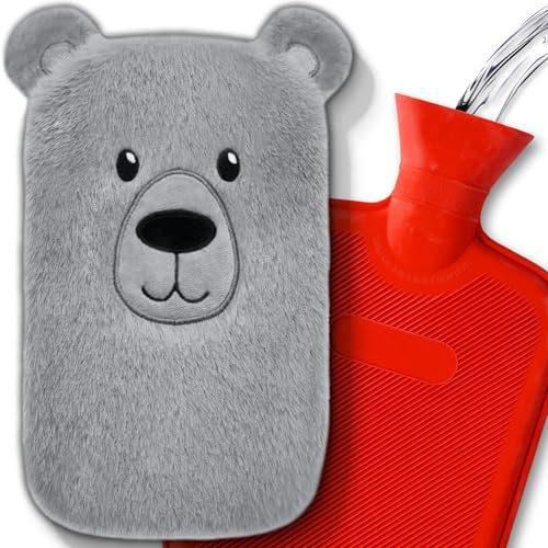 Kuketo Wärmflasche mit Bezug Plüsch Wärmeflasche mit Flauschig 2l kleine wärmflasche tier Bär Hot Water Bottle Geschenke für Frauen Männer und Kinder