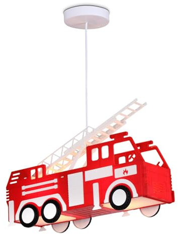 bmf-versand® Kinderlampe Decke Feuerwehr – Hängelampe Kinderzimmer Junge – Kinderzimmerlampe Hängend Rot – Kinderleuchte Höhe 120 cm 2-flammig E14-Fassung