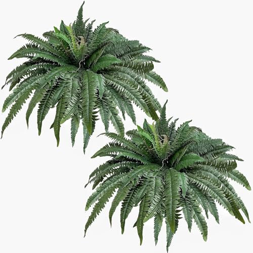 48 Artificial Ferns for Outdoors Large, 2 Packs Fake Ferns, Realistic & UV Resistant Faux Fern for Porch Windowsill Garden Planter Home Indoors Office Decor, Potted or Hanging (67 Leaves/Stem)