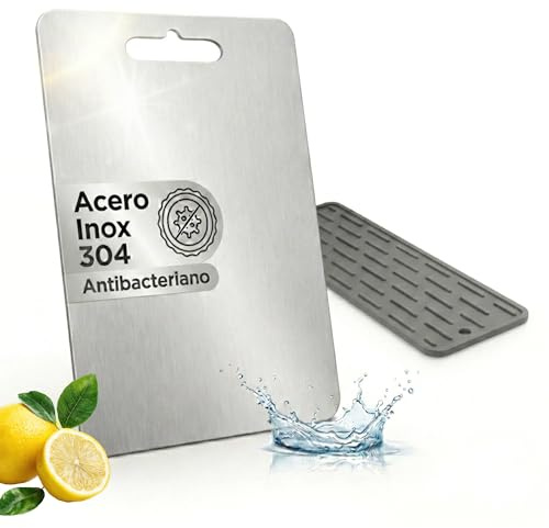 Persavibe Tabla de Cortar Acero Inoxidable 304 | Doble Cara | Higiénica y Sin Olores | Evita Contaminacíon Cruzada | Apta Lavavajillas | Colgable y con Alfombrilla de Secado (34x23cm)