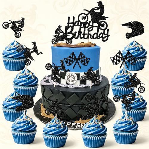 Motorcycle Happy Birthday Cake Toppers Men Sports Cupcake Toppers | for Men Sports Birthday Theme Party Supplies Gift Favors