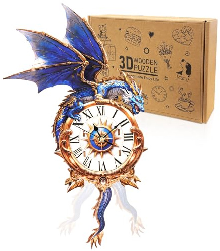 Cutywood 3D Wooden Puzzles for Adults, Blue Dragon Clock (9.5 * 16.4in) | Dragon Puzzle Clocks with Functional Timepiece, 3D Wooden Model Kits for Adults, Gifts for Friends, Night Family Games
