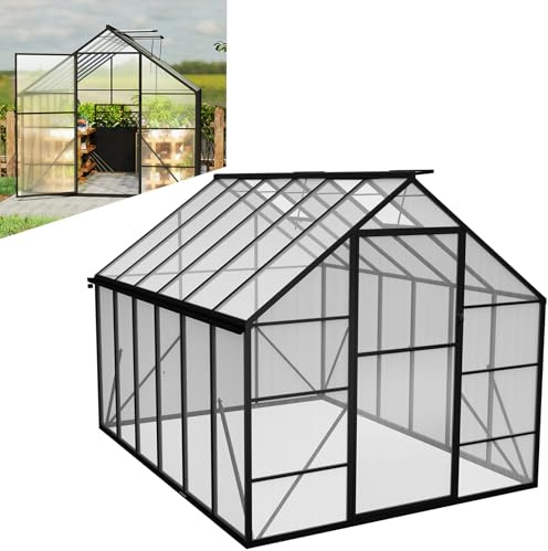 LZQ Serre de jardin en aluminium avec fondation 310 x 250 x 205 cm avec porte coulissante et lucarne, serre de jardin, résistante à l'hiver, pour l'élevage de tomates (8 x 10 ft)