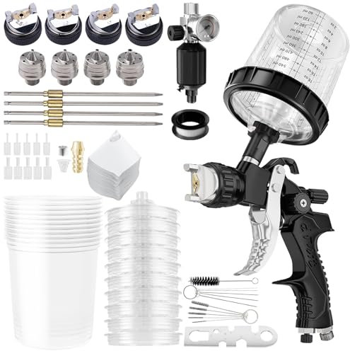 EUMAYES HVLP Pistola Verniciatura Professionale, Pistola a Spruzzo per Verniciare con Ugelli da 1,4/1,7/2,0/2,5 mm e Regolatore di Pressione dell'Aria, Tazze da 600ml e Accessori per Pistola a Spruzzo