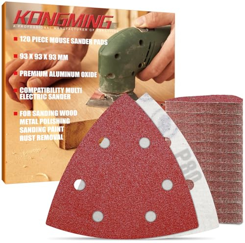 KONGMING 120 Stück Schleifpapier Dreieckschleifer klett 80 Körnung | 6 Loch 93x93x93 mm Aluminiumoxid Schleifblätter Schleifpads Detailschleifer Holz Metall Polieren Entrosten