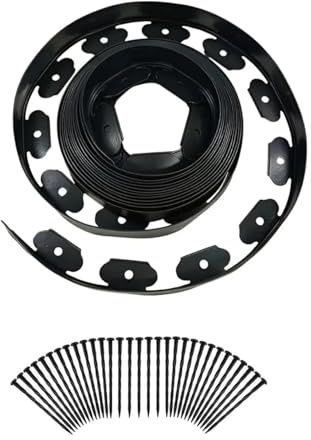 Rabat de Gazon en Plastique avec 30 Clous de Fixation A au Bord du Paysage, kit de Bordure de pelouse de 10m - Noir, herbicide, Flexible pour pelouse, Sentier, Facile à Installer