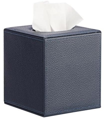 BTSKY PU Cube Tissue Box Cover, Navy Blue Textured Tissue Box Holder | Square Tissue Box Case, Napkin Holder, Toilet Paper Dispenser Storage Organiser for Bathroom Bedroom Living Room Office
