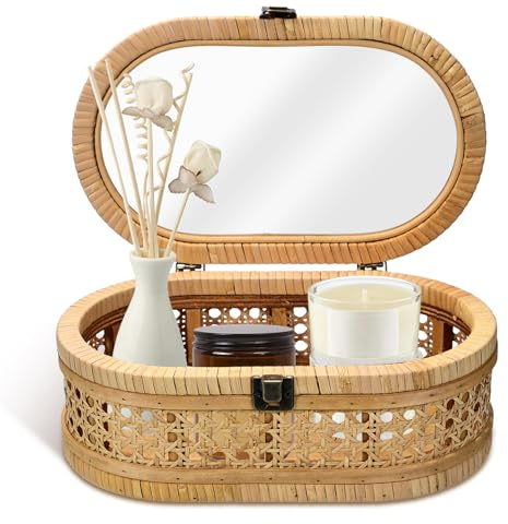 Daruur Einzelne dekorative Rattan-Box mit klarer Abdeckung – Boho-Design Aufbewahrungsbox (Aufbewahrungskiste mit Deckel) für Wohnraumdekoration & Schmuckaufbewahrung