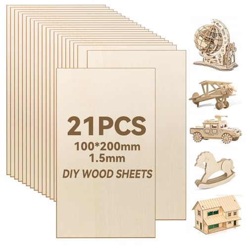 21 Placas de Madera de Balsa de 1,5 mm, Contrachapada, Madera de Balsa, 200 x 100 x 1,5 mm,Piezas Rectangulares para Aviones, Manualidades