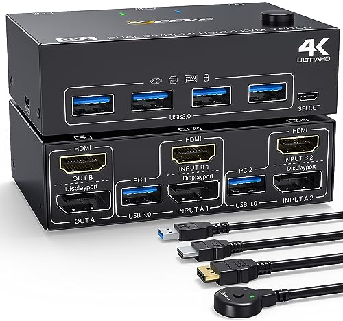 KVM Switch 2 Monitors 2 Computers 4K@60Hz 2K@120Hz, ESKEVE Displayport + HDMI Dual Monitors KVM Switch for 2 Computers share 2 Monitors and 4 USB 3.0 Devices, with HDMI + DP + USB Cables