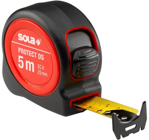 SOLA PROTECT DS Mètre ruban 5 m/25 mm extrêmement robuste avec revêtement en nylon - Bande en acier avec échelle double face - Classe de précision II - Mètre enrouleur avec grand crochet d'extrémité