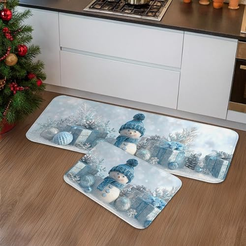 Lot de 2 tapis de cuisine motif bonhomme de neige doux pour sol, tapis moelleux et confortable, lavable, antidérapant pour cuisine, évier, buanderie, salle de bain