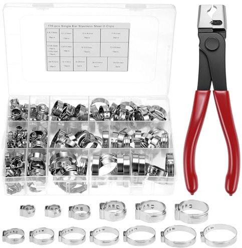 QWORK® 170PCS fascette per tubi set, fascette in acciaio inossidabile 304 14 dimensioni 5,3-33,1 mm con pinza per fascette