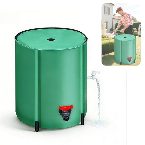 Cubo Agua de Lluvia, 200L Barril de Lluvia Plegable Verde con Tapa Salida de Agua Filtro de Malla y Dos Grifos Barriles de Lluviae Portátiles para Jardín con Protección contra Desbordamientos