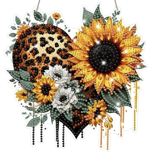 Lxmsja Heart-Shaped Flower Diamond Art Hanging Kits for Adults, Diamond Art Suncatchers Sunflowers, 5D Special Shape Diamond Painting Pendant Window Ornament Gifts for Home Wall Decor