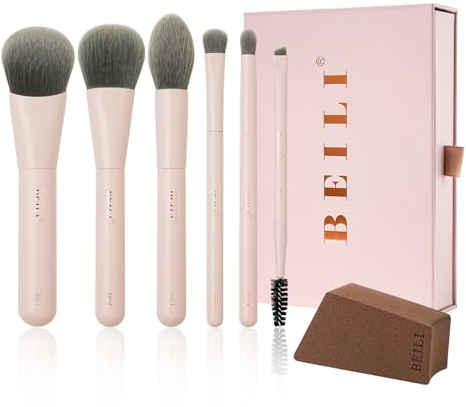 BEILI 6 mini pennelli da trucco da viaggio, kit di pennelli da trucco portatili per cipria, illuminante, ombretto, contorno, sopracciglia, ciglia, setole sintetiche (rosa)