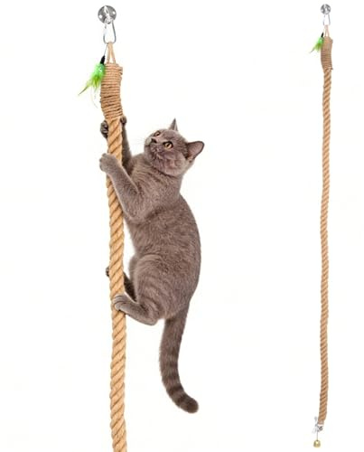 Katzen-Kletterseil aus natürlichem Hanf, mit Feder und goldfarbener Glocke, Wand- oder Deckenmontage, für den Innen- und Außenbereich, 2 m