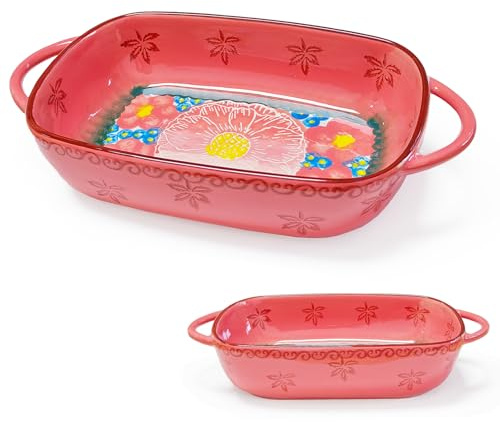 BOYIFEIJIE Ugnsform, rektangulär keramik, ugnsfast lasagneform med 2 handtag, vintage blomdesign, bakform för ugn, mikrovågsugn, diskmaskin, perfekt för lasagne, gryta, tiramisu (persika rosa)
