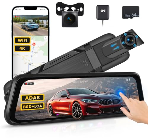 Realdio 9,7 Spiegel Dashcam 4K Rückfahrkamera, WiFi, GPS, WDR, ADAS | Kostenlose 64GB Speicherkarte, Reverse Assist Einparkhilfe, Touchscreen-Bedienung, Vorne Hinten Doppelaufnahme