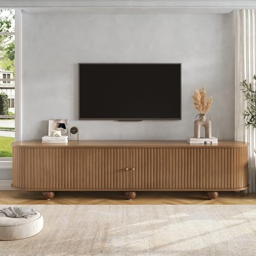 FammyLoft TV-Schrank 180cm mit Vertikal Geriffelte Schiebetüren, TV-Lowboard Stehend mit Kugelfüße & Rundungen, Fernsehtisch mit Kabelmanagement, TV Stand, Fernsehschrank, TV-Board, TV-Kommode