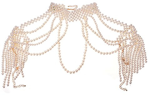 Jerollin Simulated Pearl Body Statement Necklace for Women, Fashion Collar Bib Necklaces Costume Jewelry White