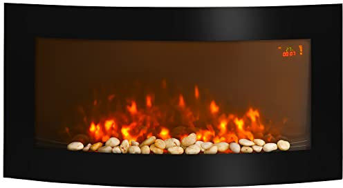 HOMCOM Led Wall Mounted Fireplace Curved Glass Electric Fire Place Fire Place 7 Colour Side Lights Slimline, 1000/2000W, 89.2cm x 48cm