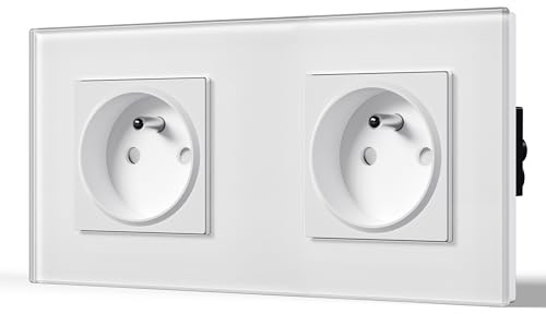 BSEED Prise Murale Prises de courant Alternatif 2 Gang Cadre en Verre Trempé Norme Française 16 Amp 240V 157mm Blanc