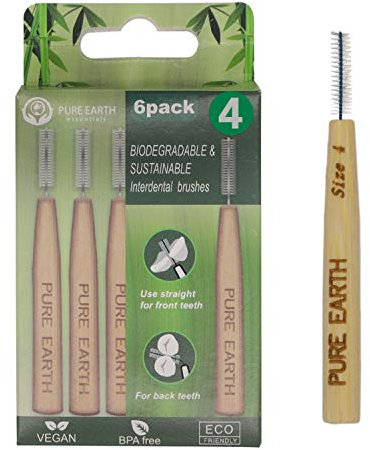 Pure Earth Essentials Brosses interdentaires en bambou - Brosse interdentaire biodégradable - Manche bio avec poils doux pour un nettoyage en profondeur entre les dents et les gencives (6 pièces,