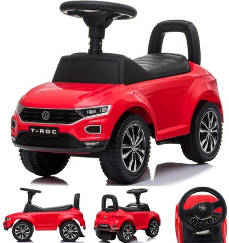 sun baby Rutschauto ab 1 Jahr lizenziert Volkswagen T-ROC, Kinderfahrzeug für Jungen und Mädchen mit Handschuhfach, Chromfelgen, Hupe und Melodien (Rot)