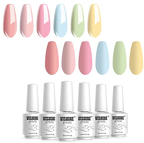 Vishine Vernis Semi Permanent UV Gel, Lot 6 Macaron Pêche Rose Bleu Vert Jaune,Vernis à Ongles Gel Soak Off Manucure Nail Art Kit 8ml