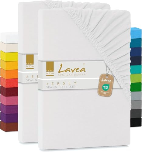 Lavea® 2er Pack Jersey Spannbettlaken 140/160x200cm – Weiß | 100% Baumwolle – Weiches Bettlaken für Matratzen bis 20 cm Höhe – Formstabil und Langlebig