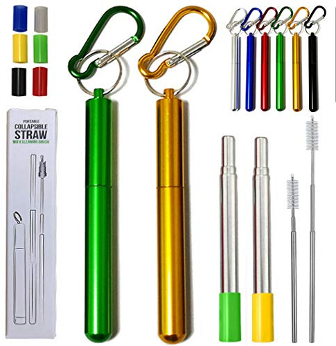 Hoshen 2 pajitas de metal plegables reutilizables, pajitas telescópicas portátiles, incluyendo cepillos y cabezales de silicona (con carcasa), amarillo/verde