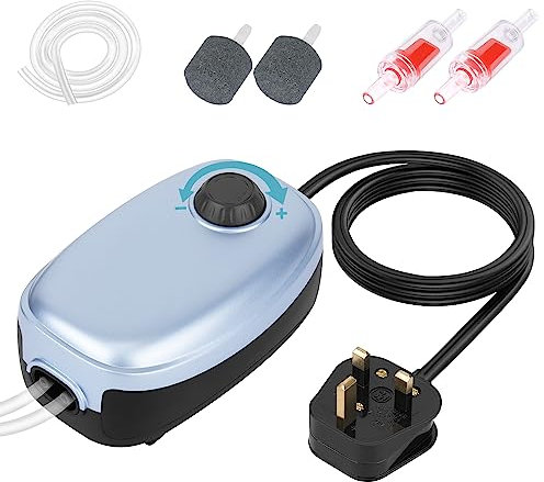 Eyein Adjustable Air Pump Aquarium, Ultra Silent 4W Air Pump for Fish Tank Up to 400L with Dual Outlets, Hangable Whisper Fish Tank Oxygen Bubbler with Accessories Air Stone, Check Valve, Tubing