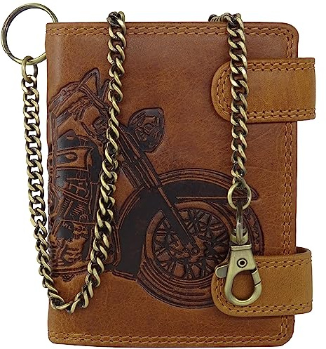 Fregery ® Geldbörse aus Leder für Herren Männer RFID-Schutz mit Münzfach und Prägung Echtleder Geldbeutel Geldtasche Portemonnaie (Motorrad, Motorcycle, Motorbike, Motors) (Hochformat Braun Kette)