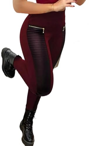 Flamingals Faux Leather Leggings for Women Tummy Control High Waisted Motorcycle Leggings Women with Pockets Patch Zip Burgundy 2XL