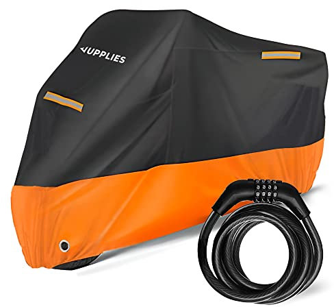 JUPPLIES Funda Moto Impermeable y Universal 210D con Candado Antirrobo Incluido, 245 * 105 * 125cm con Asa Reflectante Apta para Todo Tipo de Tamaños, Cubierta Exterior Resistente - Naranja