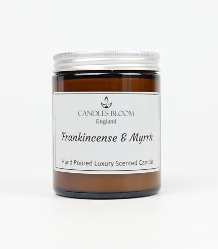 Duftkerze Weihrauch & Myrrhe, 180 ml, bernsteinfarbenes Glas, 35 Stunden Brenndauer, umweltfreundlich und vegan