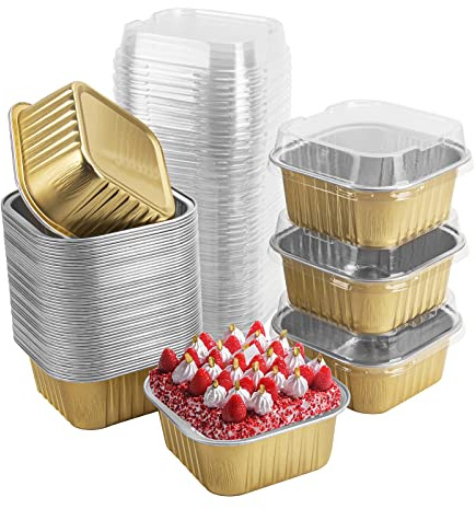 50 Pcs Mini Square Baking Cups with Lids,5oz Aluminum Foil Mini Cake Pans with Lids,Disposable Ramekins Cake Pans,150ml Dessert Cups Cupcake Pans for Wedding Birthday Party,Gold