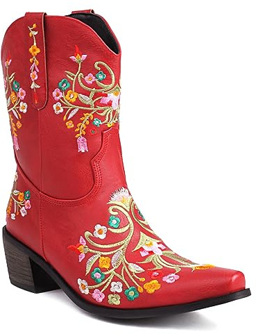 Kvinnors klassiska blommiga broderier Korta stövlar, Casual Bekväma klackklack Fest Brud Cowboystövlar,Retro Slip On Vandringsarbete Mid Calf Boots,Red,42 EU