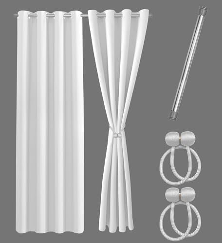 Praktisches Set ohne Bohren: 2x Vorhang + 1x Klemmstange silber 70-120 cm + 2x Raffhalter mit Magnet blickdicht & verdunkelnd, als Raumteiler, Fenster & Tür Weiß Thermovorhang 220x135cm