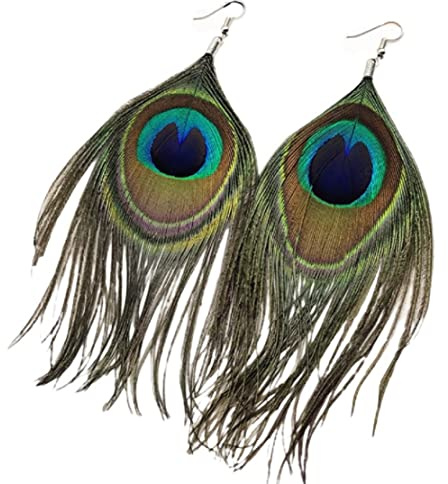 Pfauenohrringe für Frauen und Mädchen - Böhmische Lange Feder-Ohrhänger, Boho Quasten, Hypoallergen - Natürlicher Pfauenfeder-Schmuck