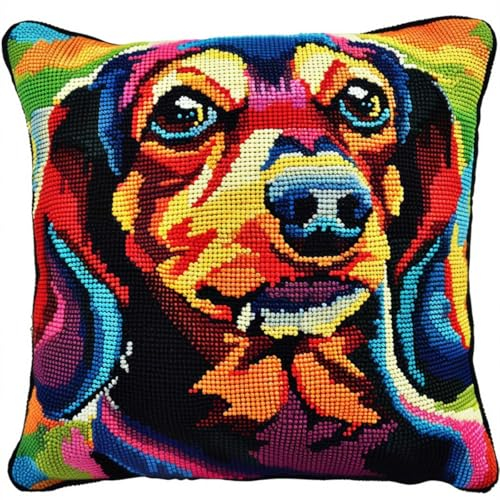 DIY knüpfen set erwachsene Dackel Tier knüpfkissen set Haustier Hund Kits zur Herstellung von Kissenbezügen，DIY-Häkelgarn-Kits，Stick-Kits，Kits zur Herstellung von Kissenbezügen/Kissenbe 43x43cm