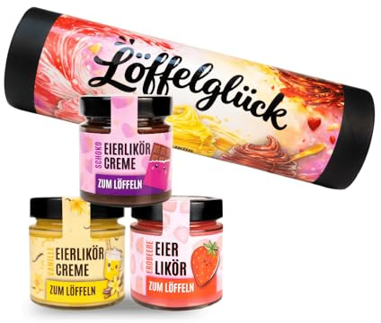 Löffelglück Set - 3x Eierlikörcreme zum Löffeln (Schoko, Vanille, Erdbeere) - Geschenke für Frauen, Muttertage, Eierlikör-Liebhaber, Genuss & Feinkost
