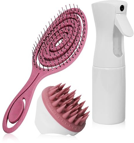 Set de Peinado, Cepillo Antitirones, Masajeador Cuero Cabelludo, Pulverizador Agua, Cepillo Desenredante sin Tirones, Masajeador Cabeza, Spray Agua Pulverizador (Rosa)