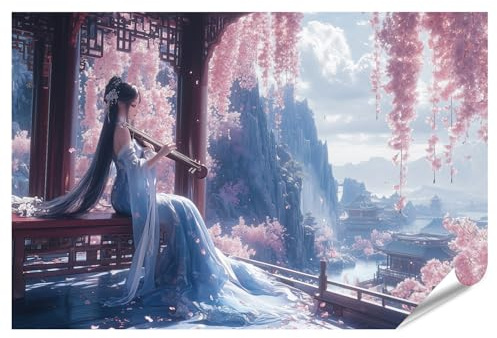 islandburner XXL Bild Poster Japanische Frau spielt Instrument unter blühenden Kirschbäumen mit Bergkulisse Premium Bilder Fotodruck