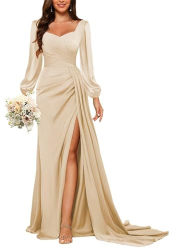 HPPEE Abito da damigella d'onore a maniche lunghe da donna con spacco plissettato a sirena in raso abito da ballo formale, Champagne, 44