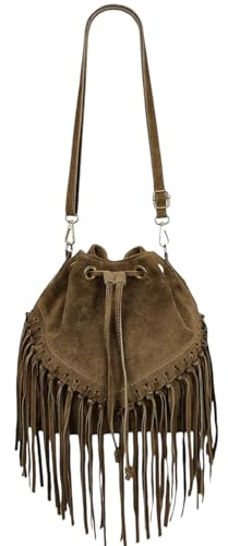 Modarno Eimertasche aus Wildleder mit Fransen 26 x 13 x 26 cm, Taupe dunkel