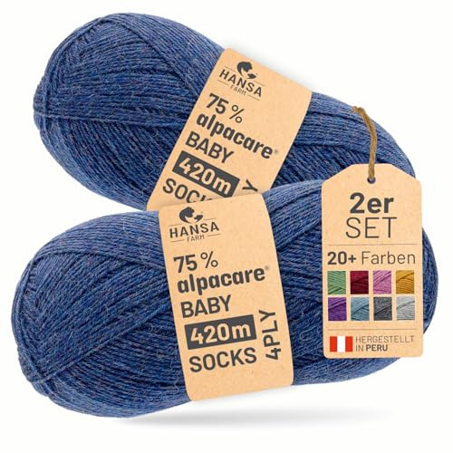 HANSA-FARM |alpacare 75% waschbare Baby Alpaka Socks 224g Set (2 x 112g) Sockenwolle kratzfreie Wolle zum Stricken & Häkeln - HF236 Dunkelblau Melange